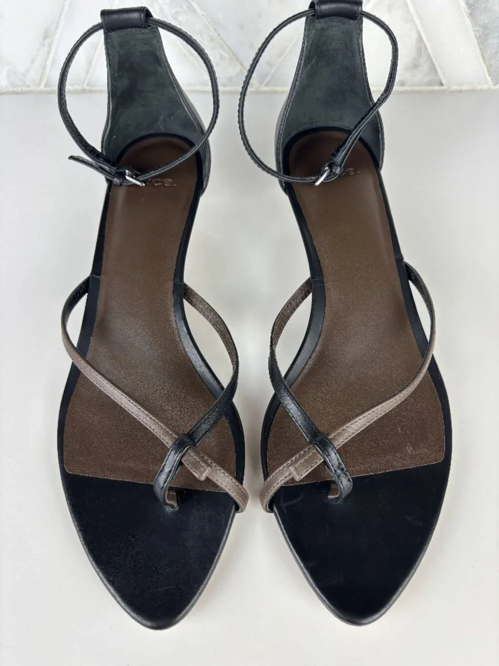 8 Vince Siri Black Brown Leather Sandal Ankle Strap Kitten Heel Pointed Toe Slip - Picture 8 of 11